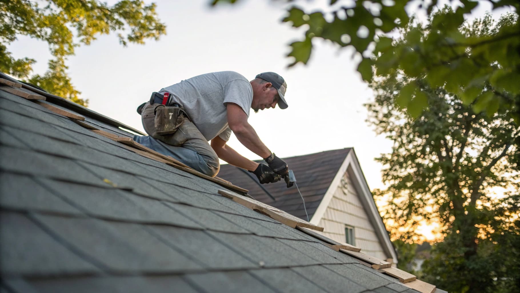 Professional roofer installing shingles on residential roof